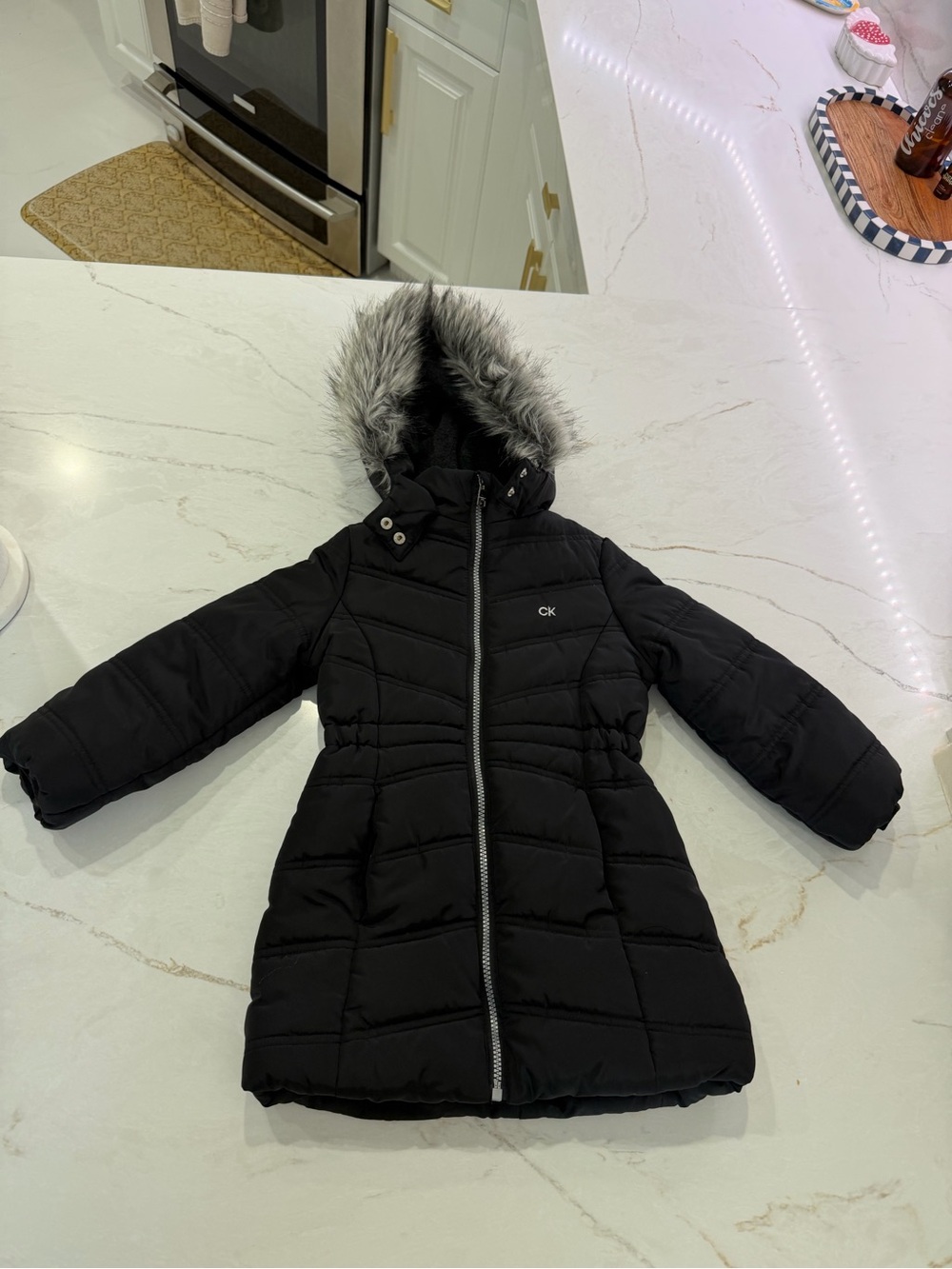 Calvin Klein Girls' Black Puffer Pea Coat with Faux Fur Hood